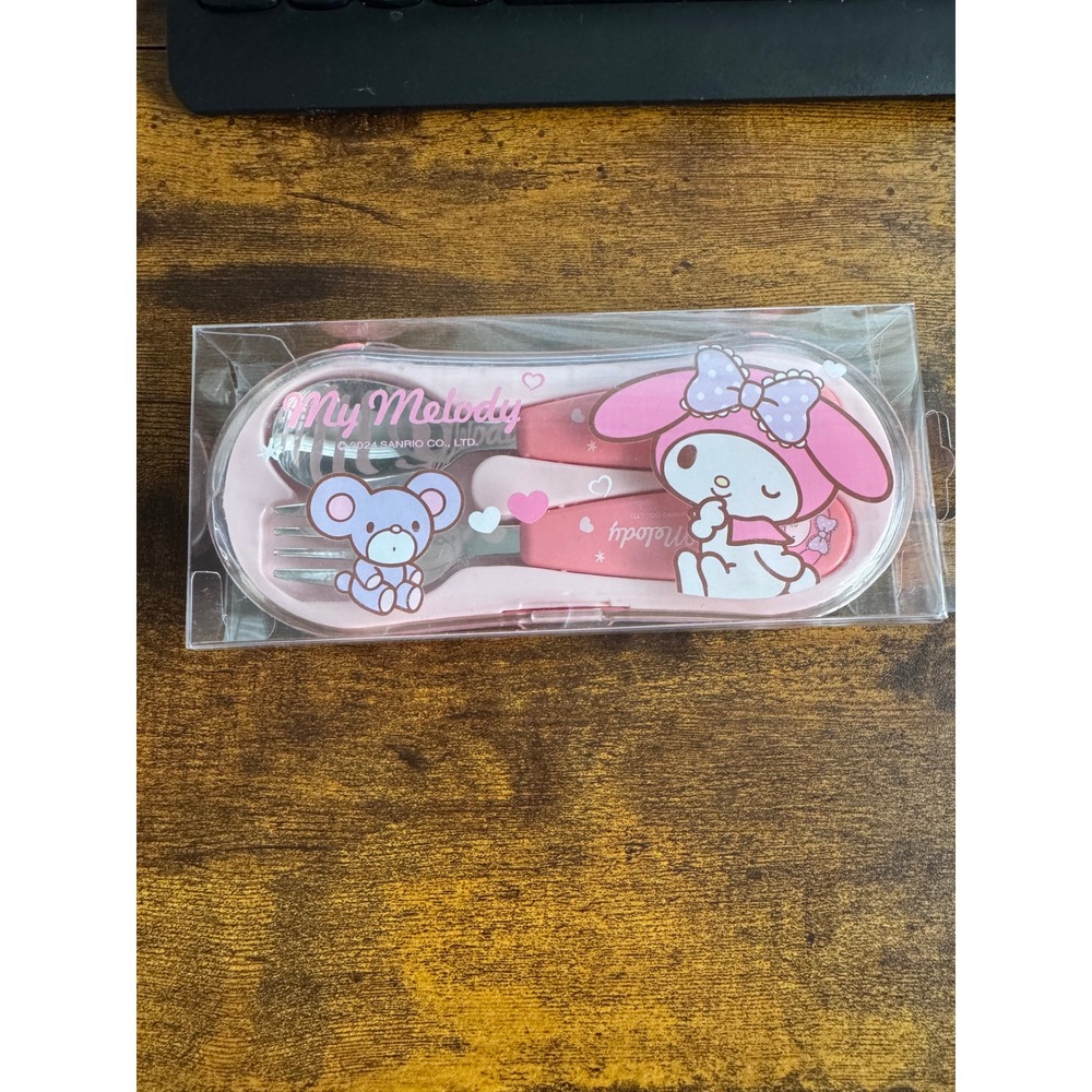 Sanrio My Melody Spoon Fork Set with Travel Case Pink Kids Lunch Utensils NEW